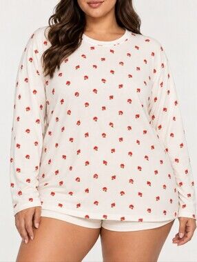 SKIMS Boyfriend Mushroom Print Long Sleeve Tee Ivory Modal Cotton 2X Loungewear